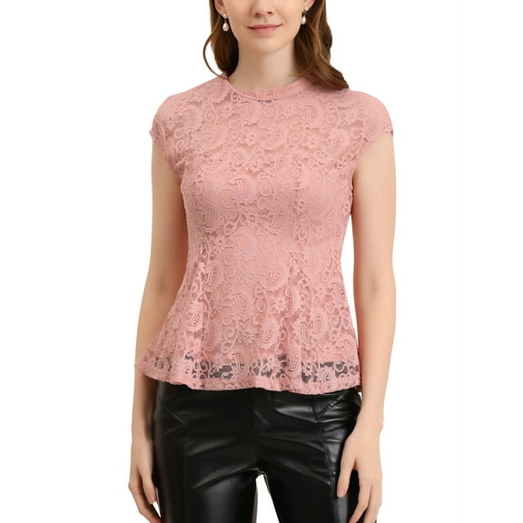 INSPIRE CHIC Women's Lace Floral Crochet Round Neck Sleeveless Peplum Blouse Top XS Pink