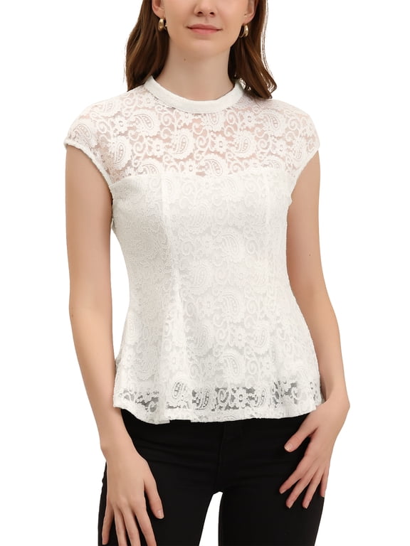 Women's Lace Floral Crochet Round Neck Sleeveless Peplum Blouse Top XL White