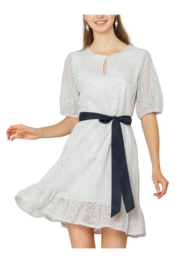 Women's Lace Floral Elegant Keyhole Tie Waist a-Line Dress M Grey