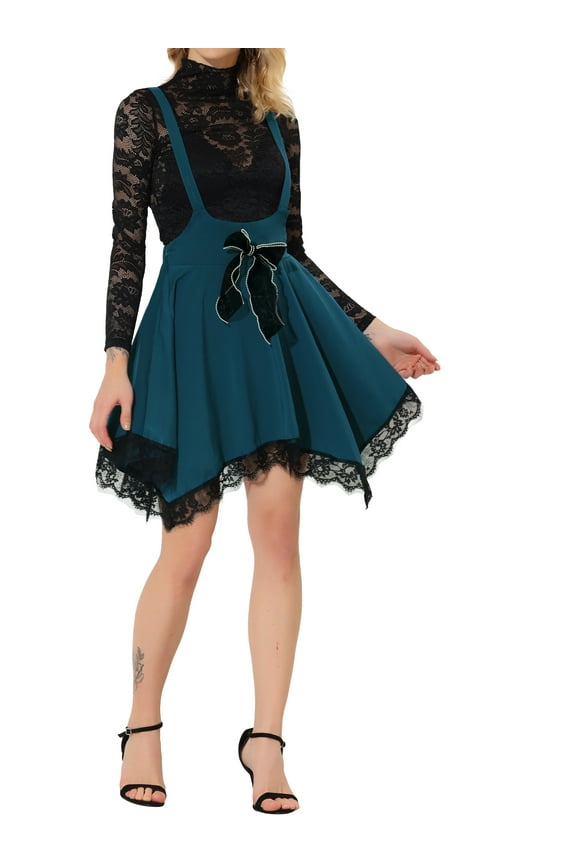 Women's Lace Hem Overalls Pinafore Dress Suspenders Skirts