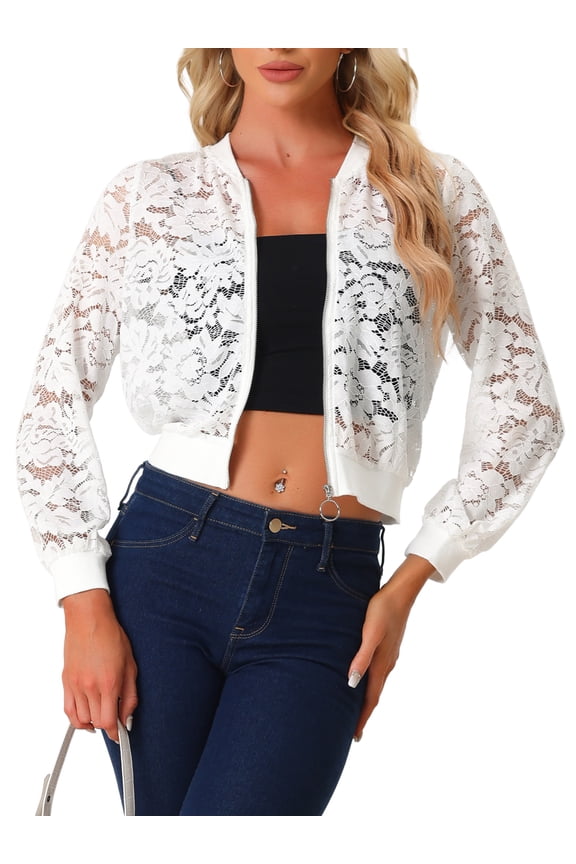 Valentine's Day Women's Lace Jackets Stand Collar Zip Up Mesh Sheer Bomber Jacket XS White