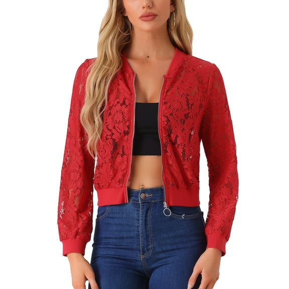 INSPIRE CHIC Valentine's Day Women's Lace Jackets Stand Collar Zip Up Mesh Sheer Bomber Jacket S Red