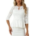 thumbnail image 1 of INSPIRE CHIC Women's Lace Keyhole Front Sheer 3/4 Sleeve Peplum Blouse Top L White, 1 of 5