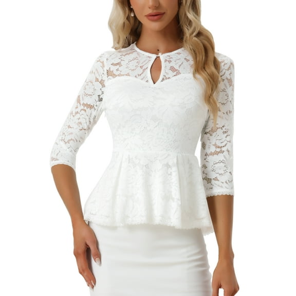 INSPIRE CHIC Women's Lace Keyhole Front Sheer 3/4 Sleeve Peplum Blouse Top L White
