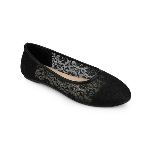 BLISSFUL STEP Women's Lace Mesh Embroidery Round Toe Slip on Ballet Flat Black 9