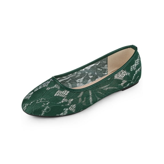 BLISSFUL STEP Women's Lace Mesh Embroidery Round Toe Slip on Ballet Flat Olive Green 7