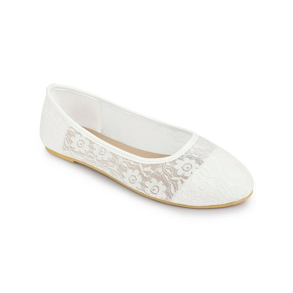 BLISSFUL STEP Women's Lace Mesh Embroidery Round Toe Slip on Ballet Flat White 11