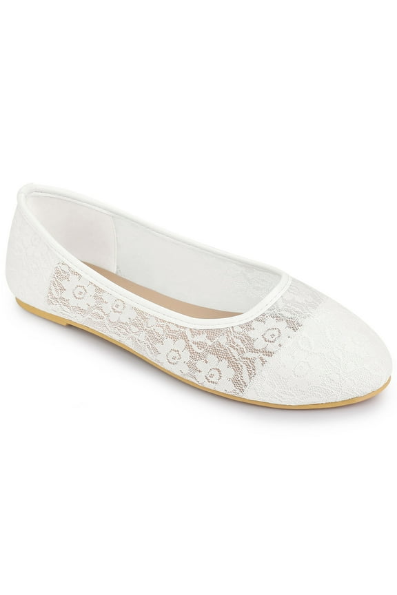 Women's Lace Mesh Embroidery Round Toe Slip on Ballet Flat White 11