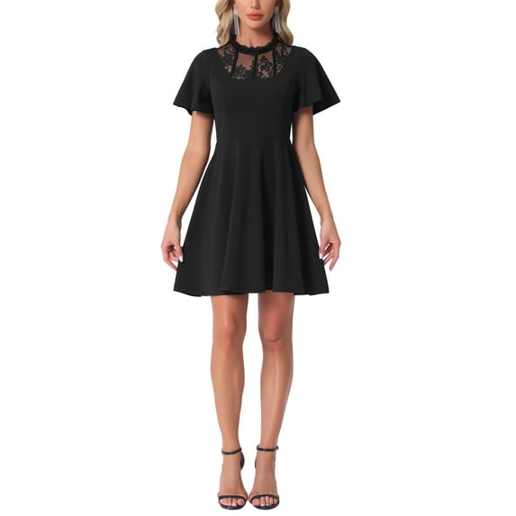 INSPIRE CHIC Women's Dress Floral Lace Mesh Flutter Sleeve Hight Neck Casual Midi Dress M Black