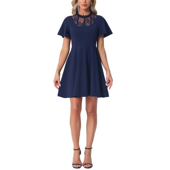 INSPIRE CHIC Women's Dress Floral Lace Mesh Flutter Sleeve Hight Neck Casual Midi Dress M Dark Blue