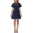 thumbnail image 1 of INSPIRE CHIC Women's Dress Floral Lace Mesh Flutter Sleeve Hight Neck Casual Midi Dress S Dark Blue, 1 of 5