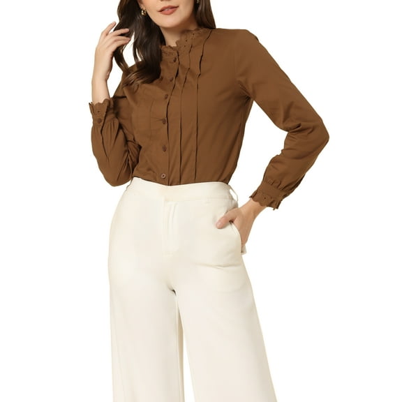 INSPIRE CHIC Women's Lace Mock Neck Long Sleeve Cotton Button-Down Shirt