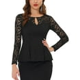 thumbnail image 1 of INSPIRE CHIC Women's Top Lace Keyhole Front Peplum Hem Sheer Long Sleeve Blouse L Black, 1 of 6