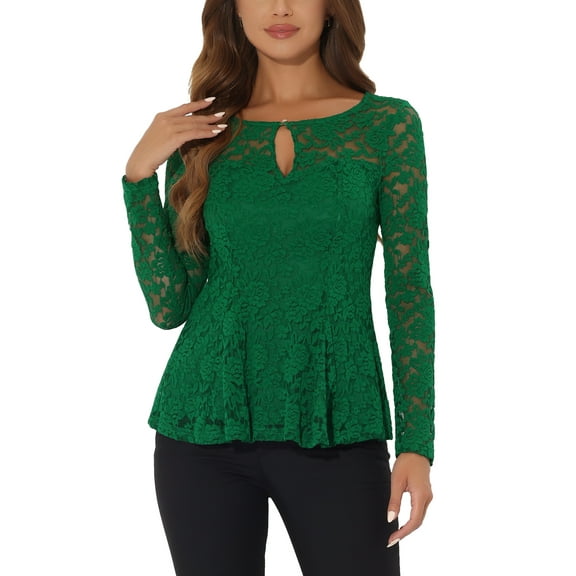 INSPIRE CHIC Women's Top Lace Keyhole Front Peplum Hem Sheer Long Sleeve Blouse L Green