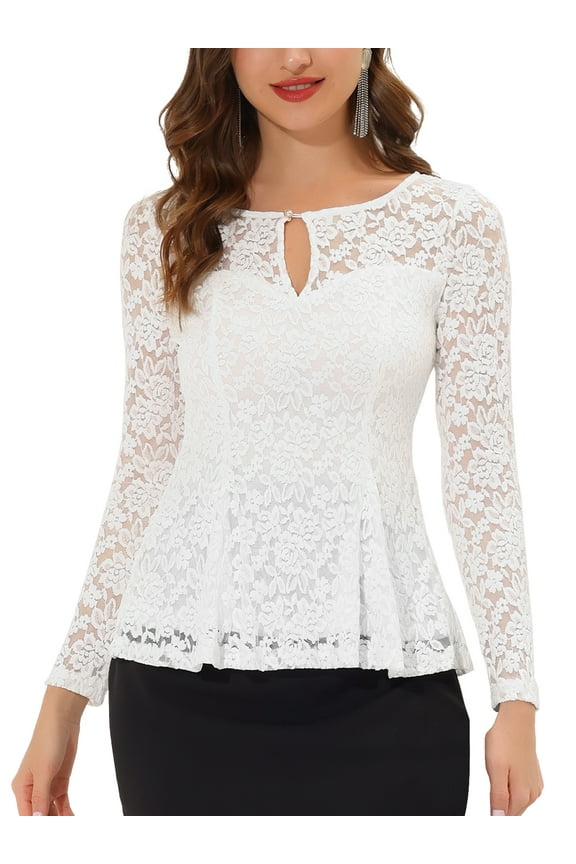 Women's Top Lace Keyhole Front Peplum Hem Sheer Long Sleeve Blouse L White