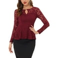 thumbnail image 1 of INSPIRE CHIC Women's Top Lace Keyhole Front Peplum Hem Sheer Long Sleeve Blouse M Burgundy, 1 of 6