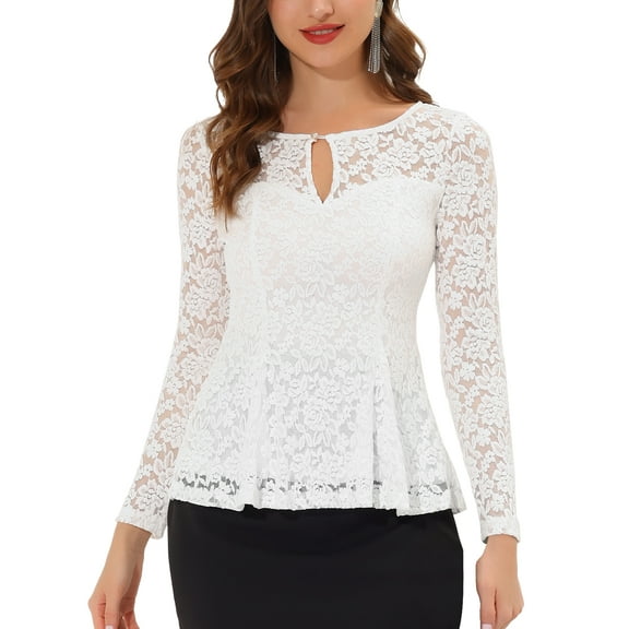 INSPIRE CHIC Women's Top Lace Keyhole Front Peplum Hem Sheer Long Sleeve Blouse S White