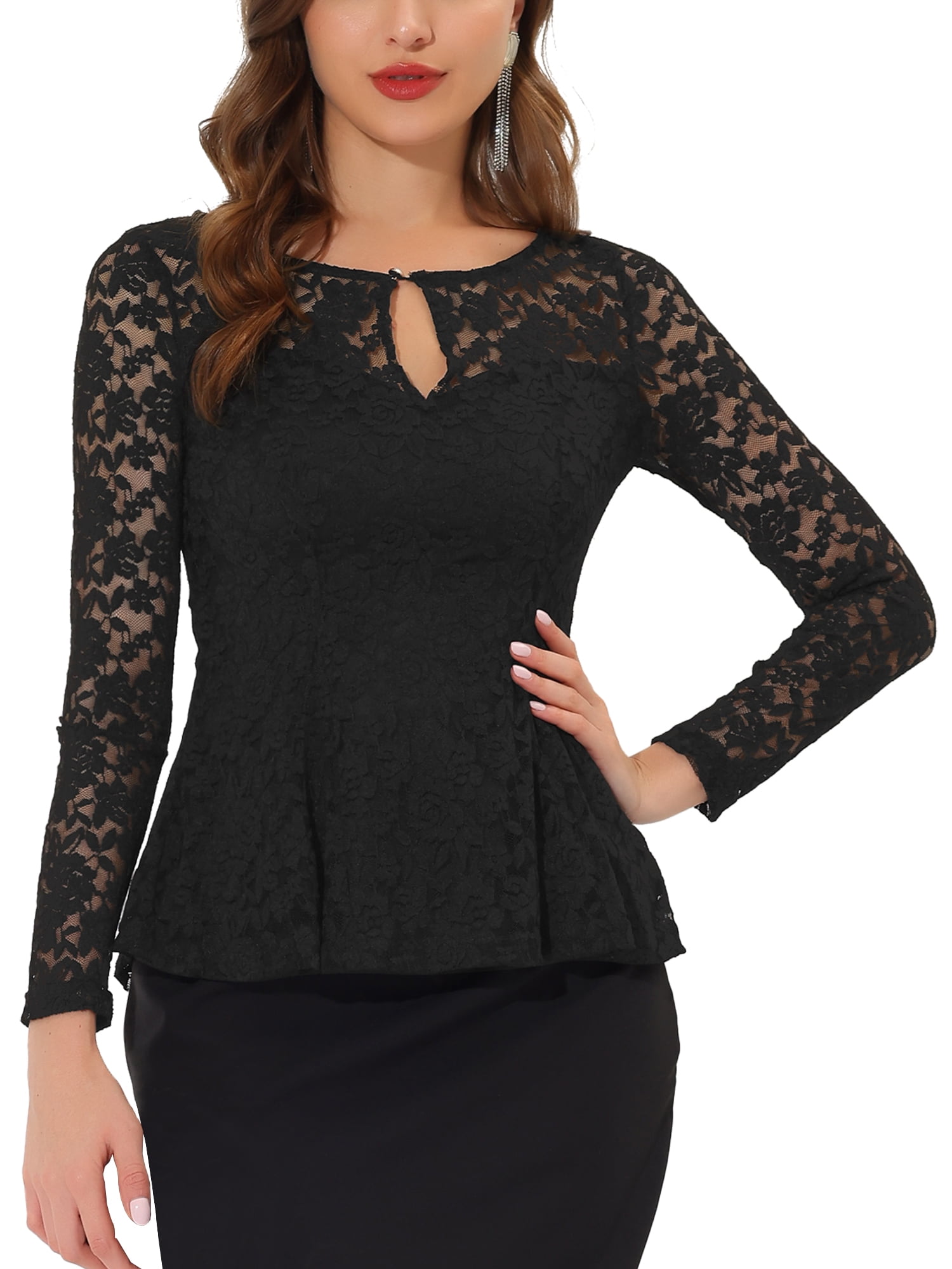INSPIRE CHIC Women's Top Lace Keyhole Front Peplum Hem Sheer Long ...