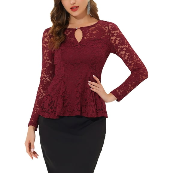 INSPIRE CHIC Women's Top Lace Keyhole Front Peplum Hem Sheer Long Sleeve Blouse XS Burgundy