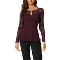 thumbnail image 1 of INSPIRE CHIC Women's Top Lace Keyhole Front Peplum Hem Sheer Long Sleeve Blouse XS Purplish Red, 1 of 6