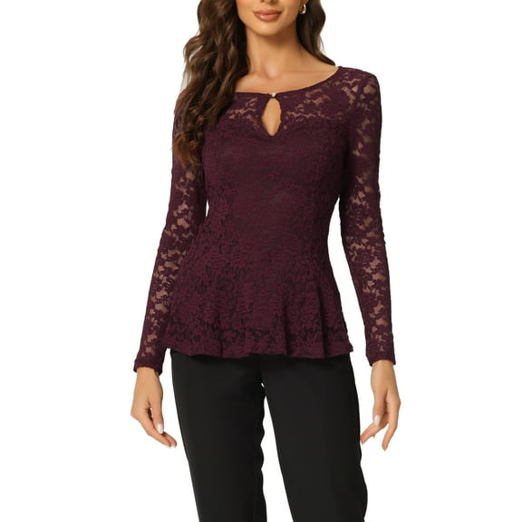 INSPIRE CHIC Women's Top Lace Keyhole Front Peplum Hem Sheer Long Sleeve Blouse XS Purplish Red