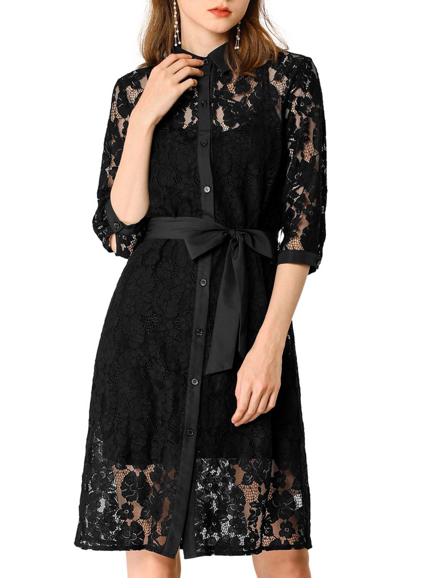Allegra K - Brandclub - Women's Lace Semi Sheer Belted 1/2 Sleeve Button Down Shirt Midi Dress S Black Allegra K - Brandclub - Women's Lace Semi Sheer Belted 1/2 Sleeve Button Down Shirt Midi Dress S Black