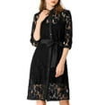 thumbnail image 1 of INSPIRE CHIC Women's Lace Semi Sheer Belted 1/2 Sleeve Button Down Shirt Midi Dress S Black, 1 of 9
