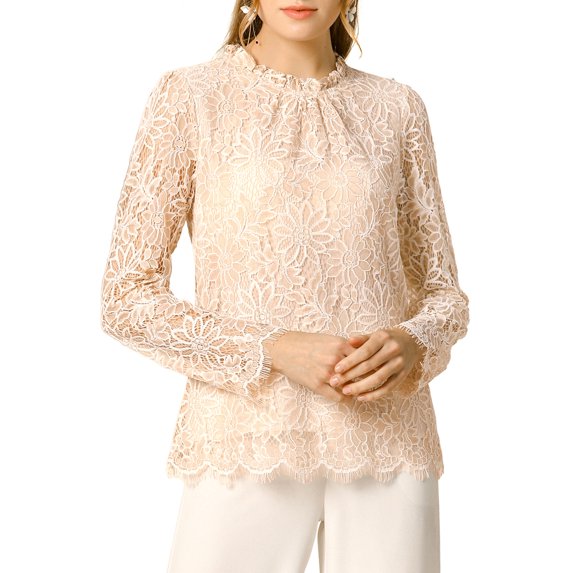 Allegra K Women's Lace Top Long Sleeve Ruffle Round Neck Elegant Floral Blouse