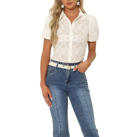 INSPIRE CHIC Women's Lace Tops Short Sleeve Lace Eyelet Button Down Blouse XS Beige