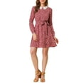 thumbnail image 1 of INSPIRE CHIC Women's Lace Trim Peter Pan Collar Long Sleeves with Belt Floral Dress XS Red, 1 of 6