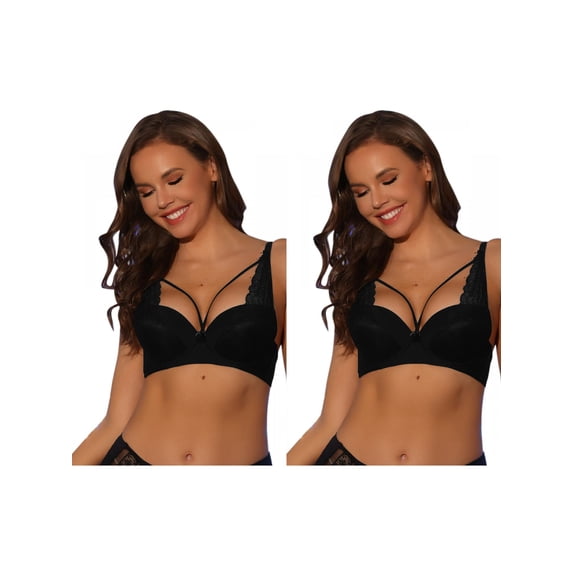 NOMADIC NOOK Women's Lace Trim Underwire Bra, Front Cross Lightly Adjustable Straps Push-up Bralette 2 Packs