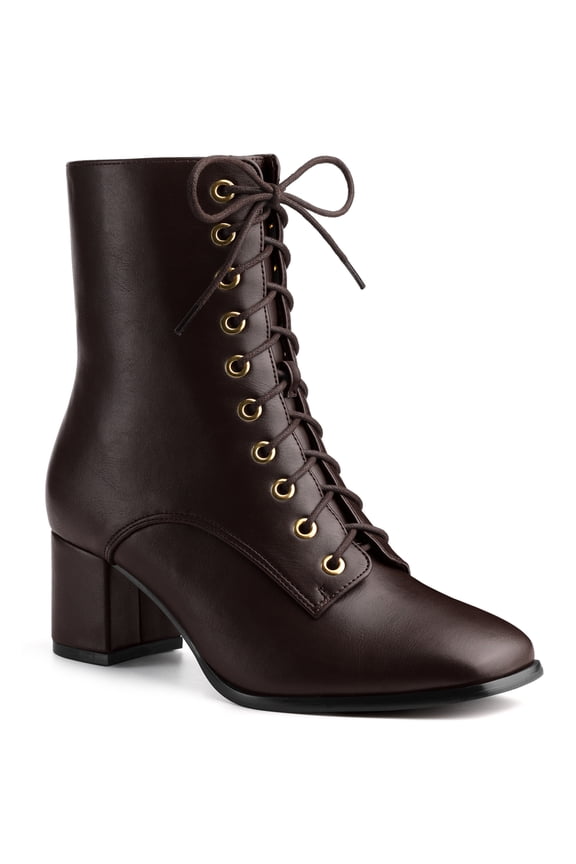Women's Boots Lace Up Block Heels Ankle Combat Boots Coffee 9