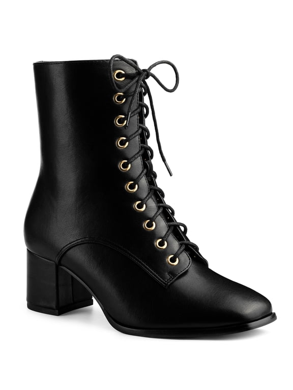 Women's Boots Lace Up Block Heels Ankle Combat Boots Black 7