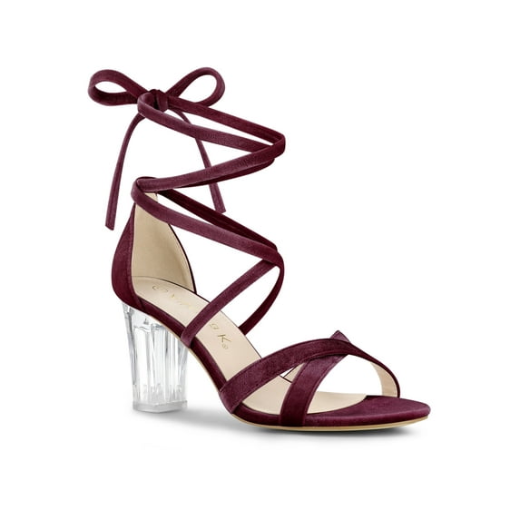 BLISSFUL STEP Women Velvet Lace-Up Clear Block Heel Sandals Burgundy 7