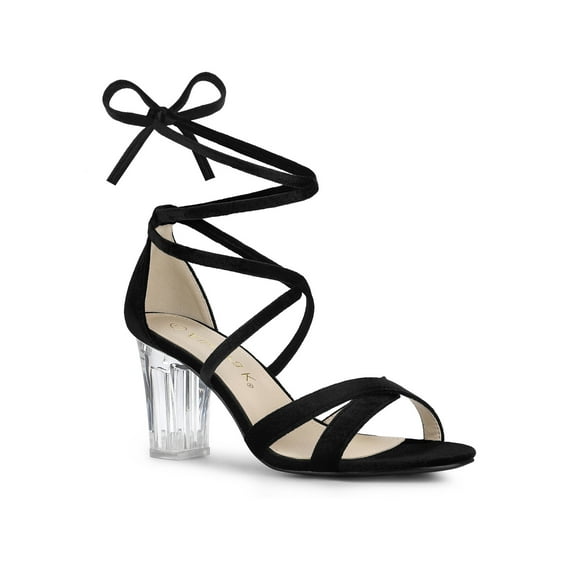 BLISSFUL STEP Women Velvet Lace-Up Clear Block Heel Sandals Black 6