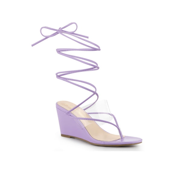 BLISSFUL STEP Women's Lace Up Clear Strap Flip Flops Wedge Sandals Lavender 5.5