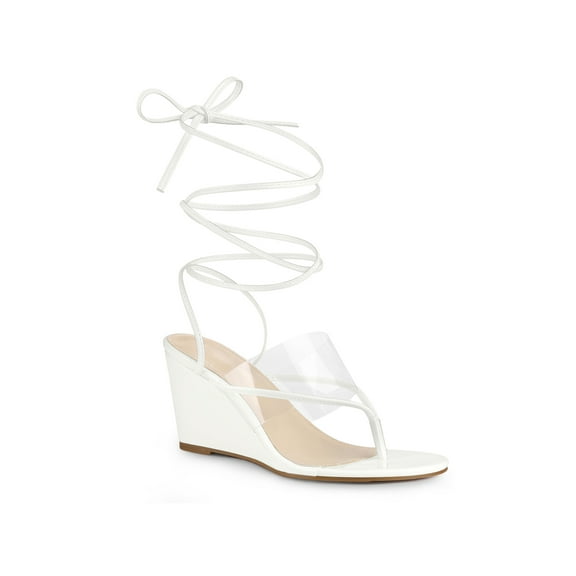 BLISSFUL STEP Women's Lace Up Clear Strap Flip Flops Wedge Sandals White 8