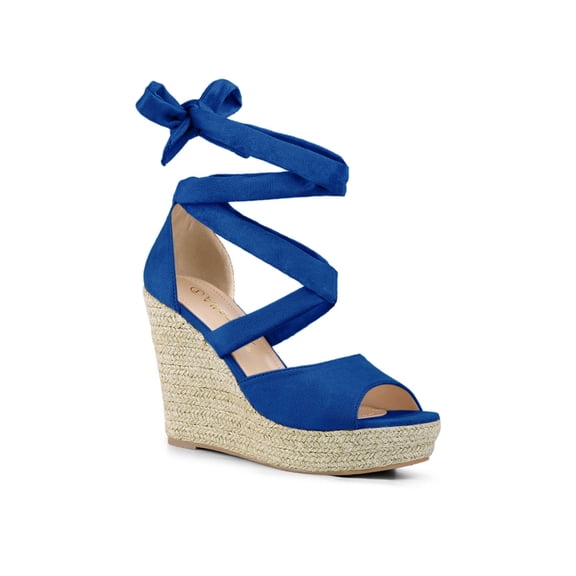 BLISSFUL STEP Women's Shoes Lace Up Espadrilles Platform Wedge Sandals Deep Blue 7