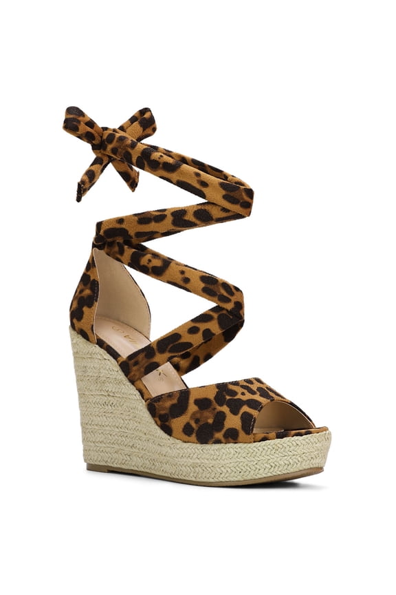 Women's Shoes Lace Up Espadrilles Platform Wedge Sandals Leopard 8.5