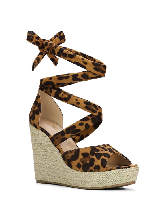 Women's Shoes Lace Up Espadrilles Platform Wedge Sandals Leopard 8.5