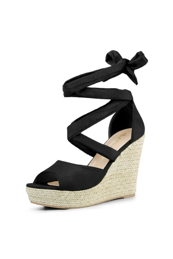 Women's Shoes Lace Up Espadrilles Platform Wedge Sandals Black 7.5