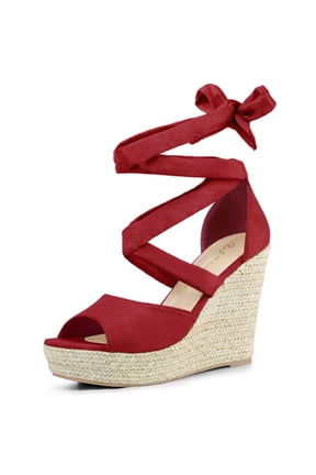 Women's Shoes Lace Up Espadrilles Platform Wedge Sandals Red 9