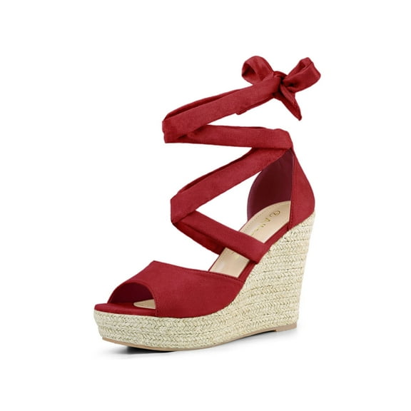 BLISSFUL STEP Women's Shoes Lace Up Espadrilles Platform Wedge Sandals Red 8.5