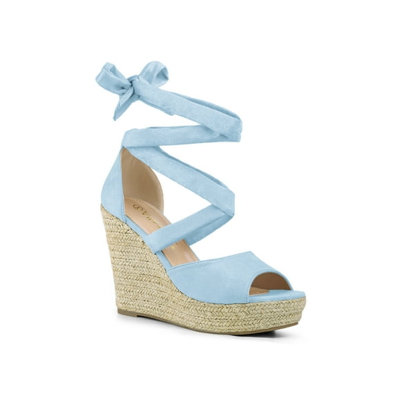 BLISSFUL STEP Women's Shoes Lace Up Espadrilles Platform Wedge Sandals Sky Blue 6