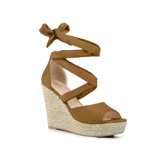 BLISSFUL STEP Women's Shoes Lace Up Espadrilles Platform Wedge Sandals Brown 8.5