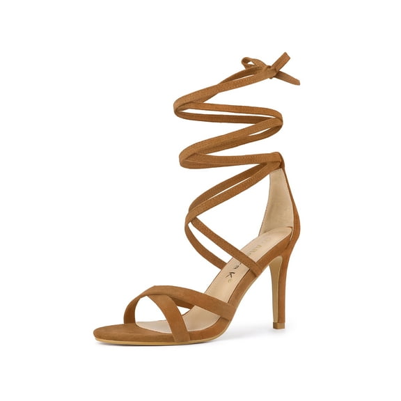 BLISSFUL STEP Women's Lace Up Heel Stiletto High Heels Sandals Brown 7.5