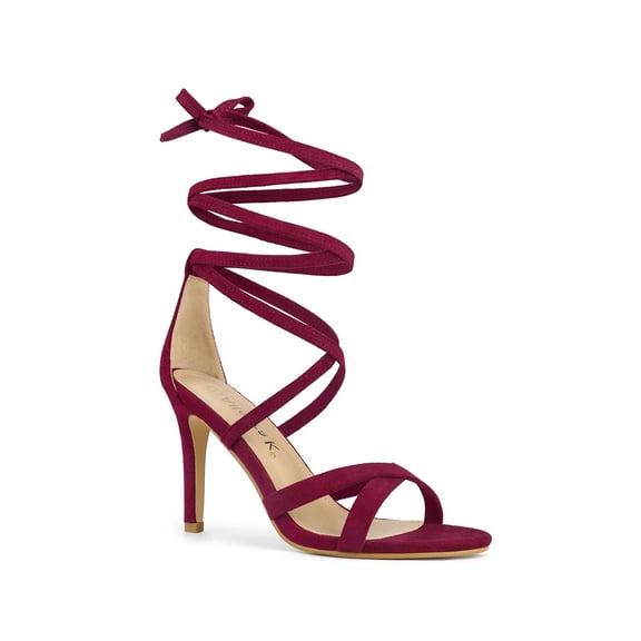 BLISSFUL STEP Women's Lace Up Heel Stiletto High Heels Sandals Burgundy 7.5