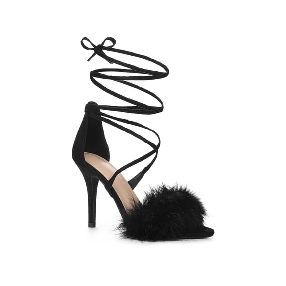 BLISSFUL STEP Women's Lace Up Heels Faux Fur Stiletto High Heel Sandals Black 7.5