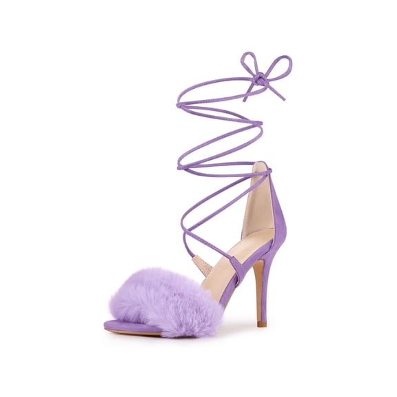 BLISSFUL STEP Women's Lace Up Heels Faux Fur Stiletto High Heel Sandals Purple 7.5