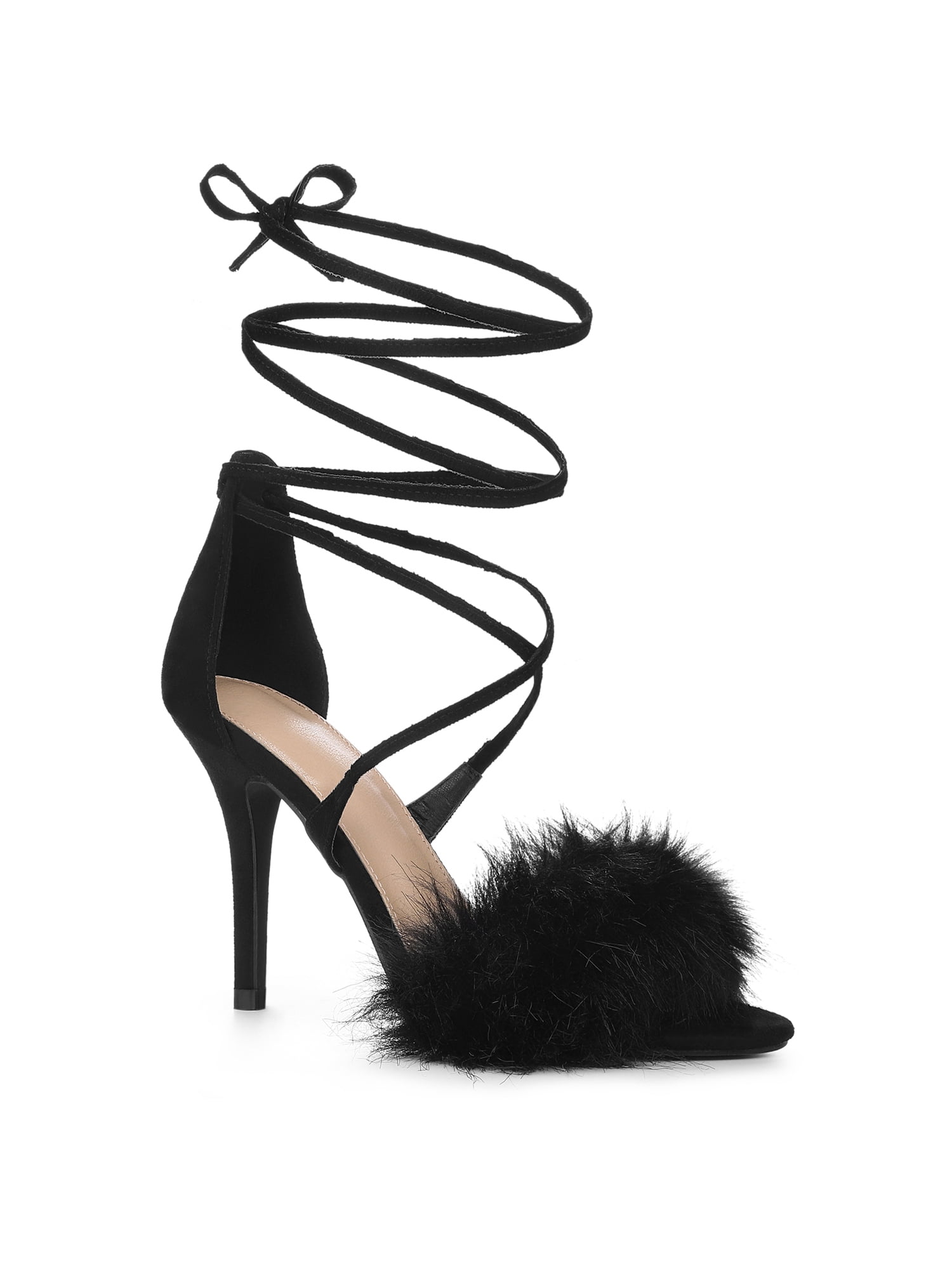 Lib 7 Inch Super Heels Peep Toe Ankle Lace Up Fluffy Fur Platform Sandals -  Black in Sexy Heels & Platforms - $65.99